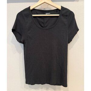 Quince Women's Ribbed Organic Cotton Black Short Sleeve Top Large Scoop Neck
